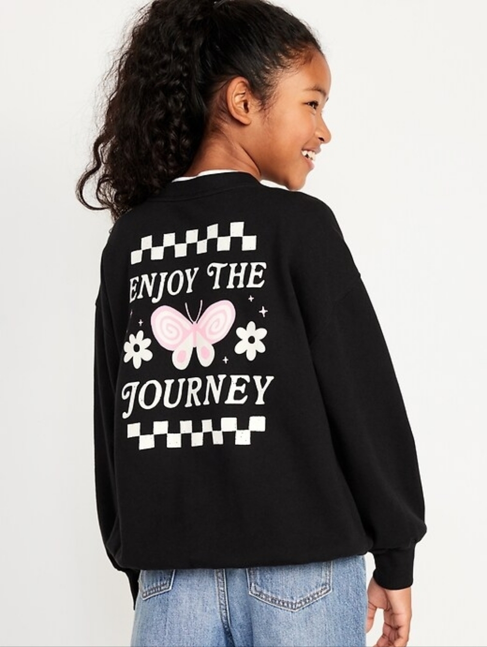 Old Navy Oversized Black Crew Neck with Butterfly Design Girls Size 10/12 - Picture 1 of 10